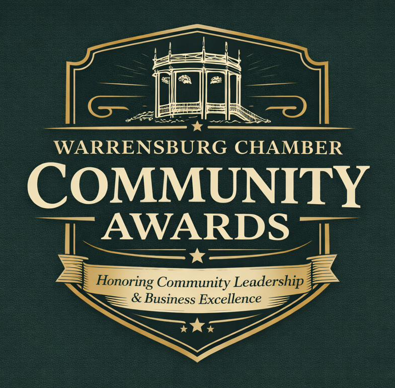 Warrensburg Chamber Community Awards emblem: a gold shield with the Warrensburg bandstand and the words Honoring Community Leadership and Business Excellence