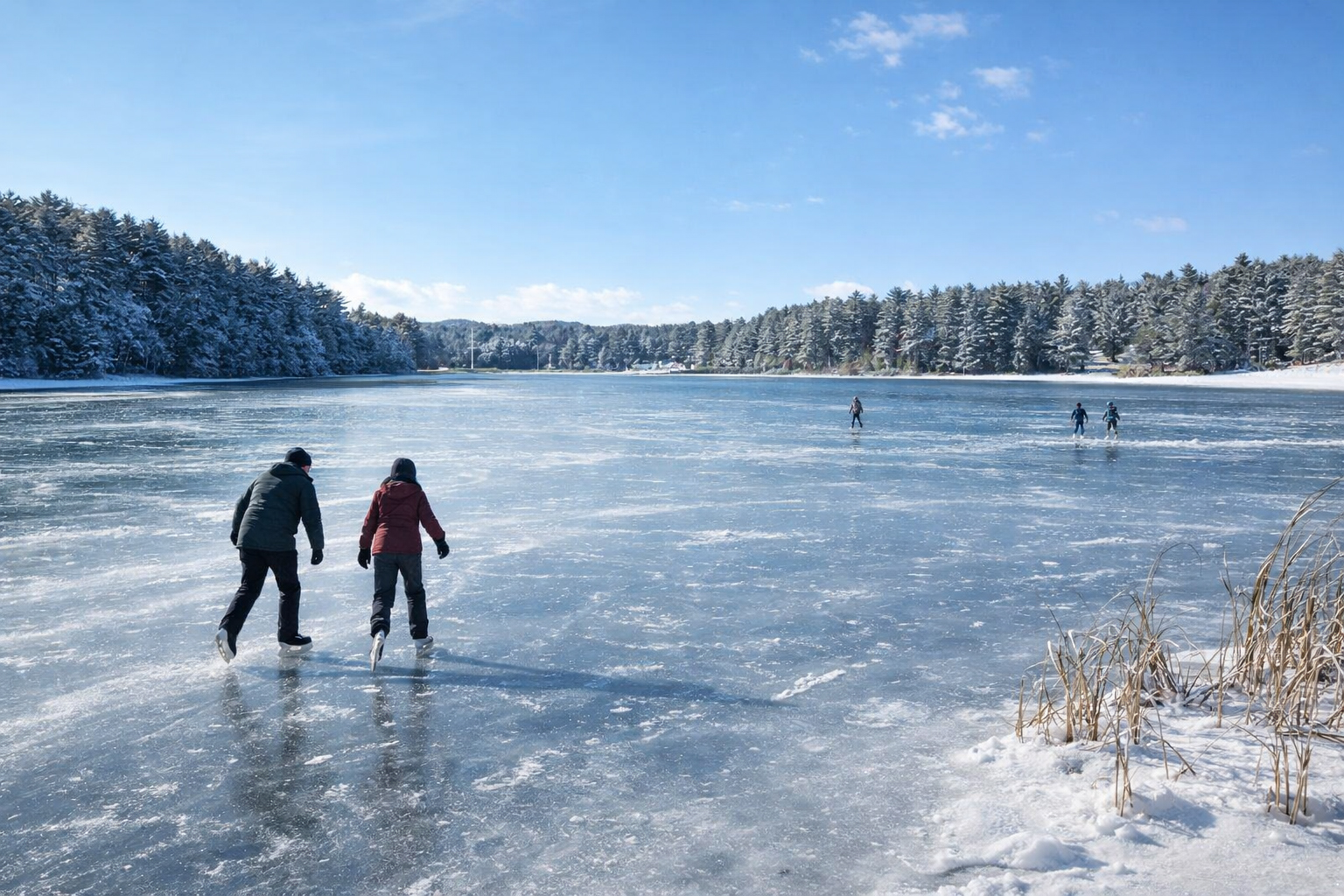 Natural ice skating on frozen Echo Lake near Warrensburg, NY in winter