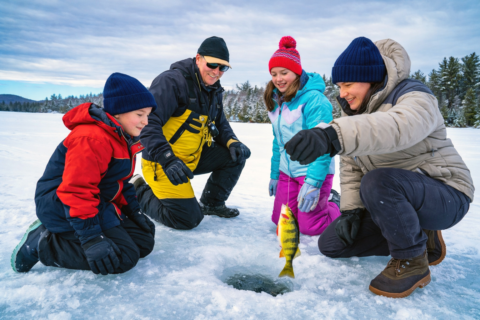 Ice fishing on a frozen lake near Warrensburg, New York